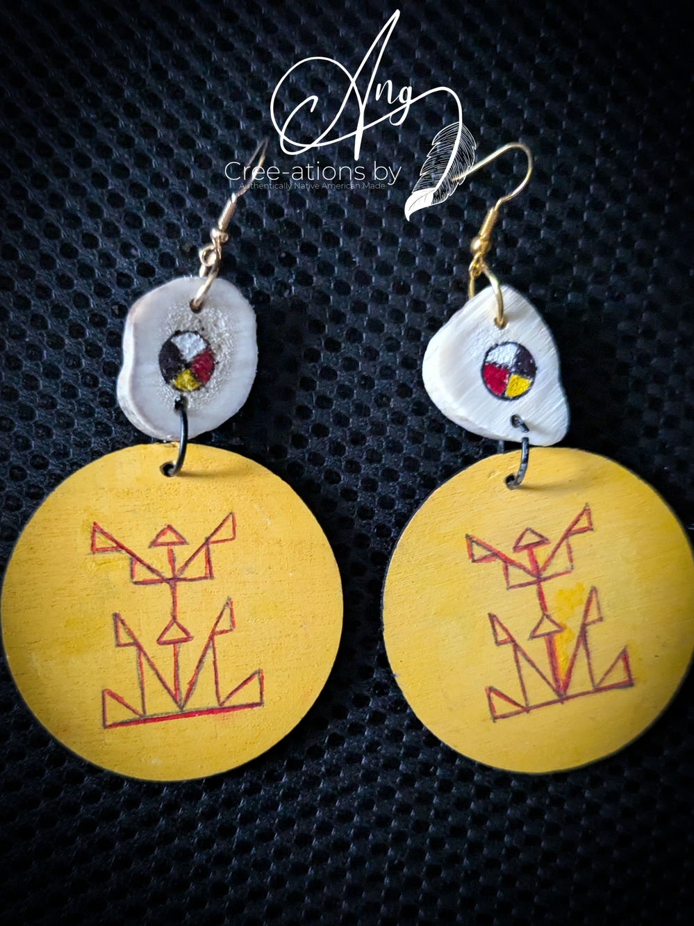 Yellow Hand-Painted Wood Plains Tribal Design W/ Medicine Wheel Antler Earrings